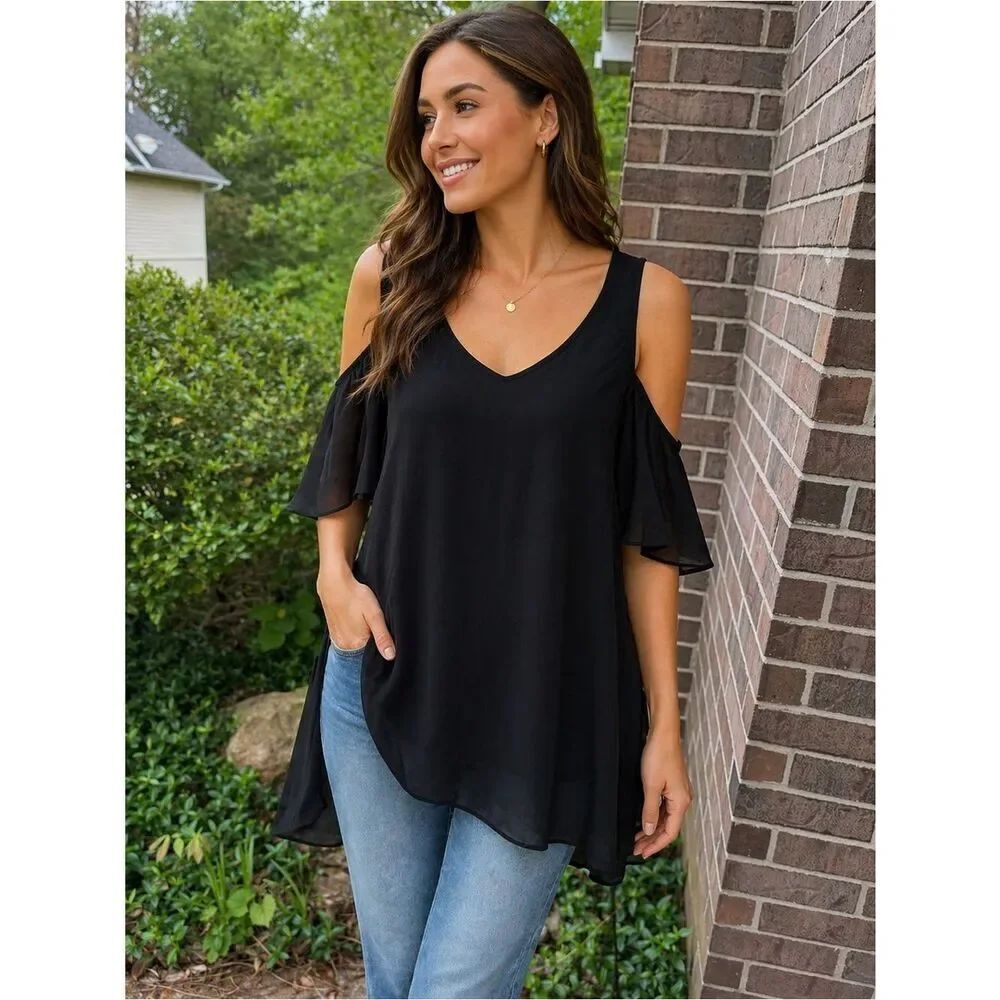 Anthropologie Show Me Your MuMu Black Cold-Shoulder V-Neck Flutter Sleeve Top